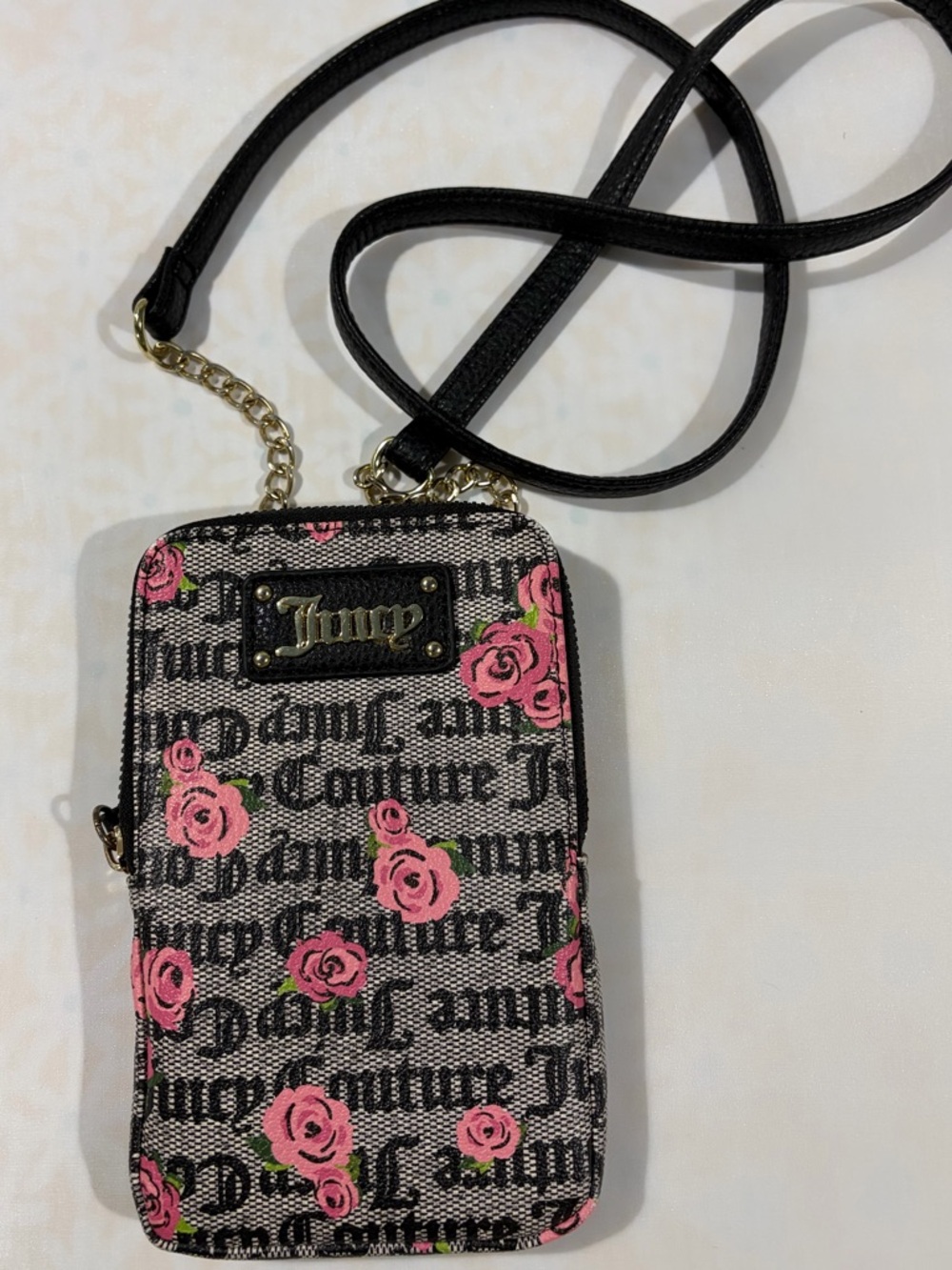 Juicy Couture Black Logo & Pink Rose Crossbody Phone Pouch